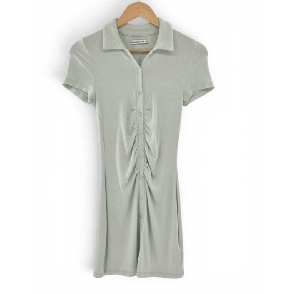 Abercrombie Sage Green Bodycon Ruched Polo Mini Dress S Stretch Button Front Y2k - Picture 6 of 12